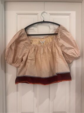 English Factory Beige Puff-Sleeve Crop Top with Decorative Hem